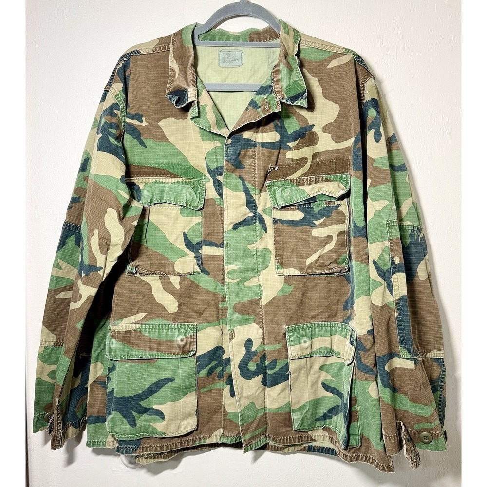 Vintage 90s US Military Woodland Camo BDU Field Jacket Ripstop Large Regular